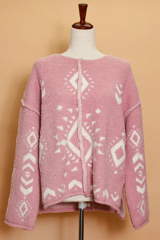 Mauve Tribal Exposed Seam Sweater Collared Crew Neck Turtle Neck