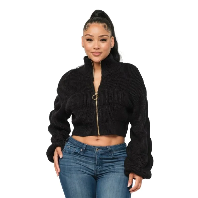 Michelin Sweater Top W/ Front Zipper Seamless Knitted Crochet