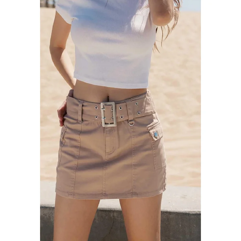Micro Mini Skirt with Metal Belt - Khaki linen skirt light