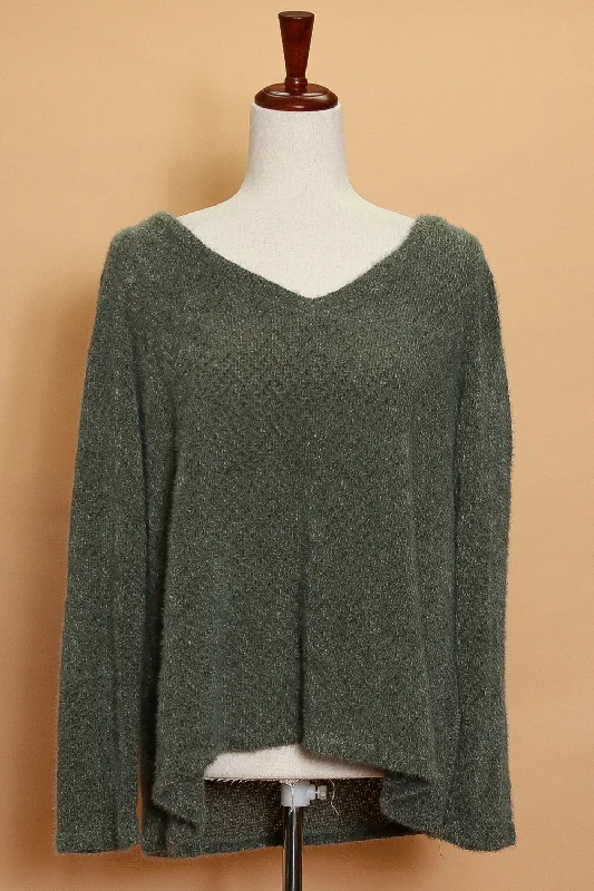 Moss Green V Neck Sweater Mesh Blend Leather Blend Suede Blend