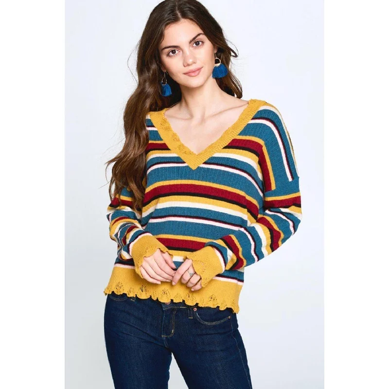 Multi-colored Variegated Striped Knit Sweater Cashmere Blend Cotton Blend Poly Blend