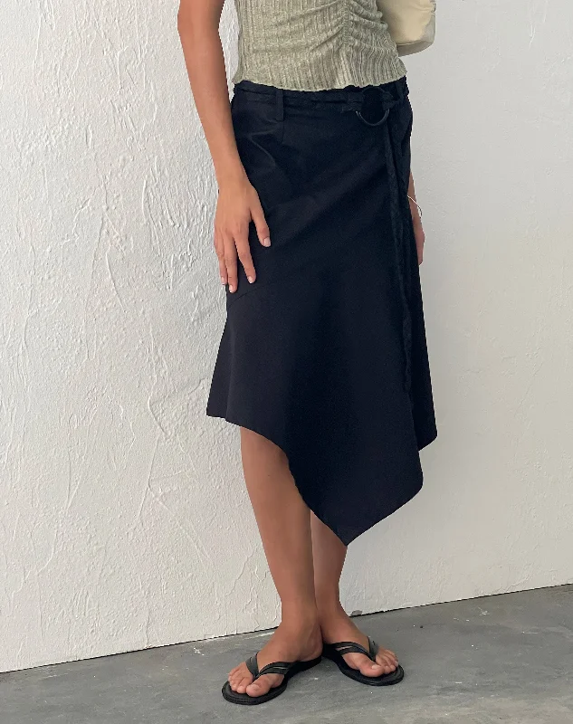 Nejusi Asymmetric Midi Skirt in Black with Braided Belt breathable skirt fabric