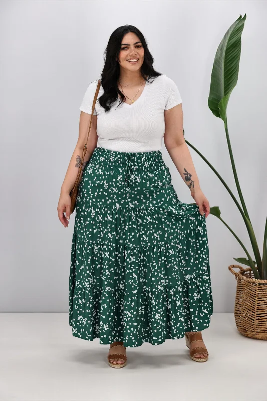 New U Collection Green White Print Maxi Skirt vintage skirt charm