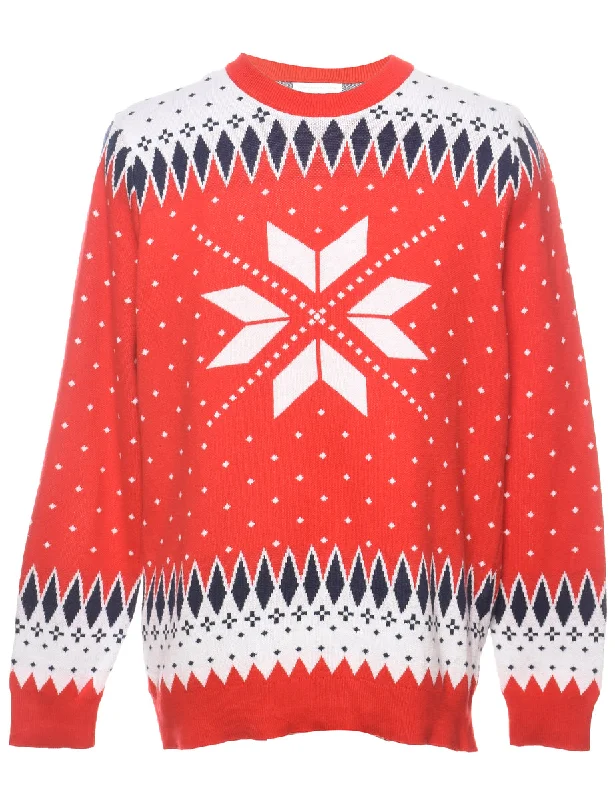 Nordic Design Blue & Red Christmas Jumper - L Handmade Hand-knitted Hand-woven