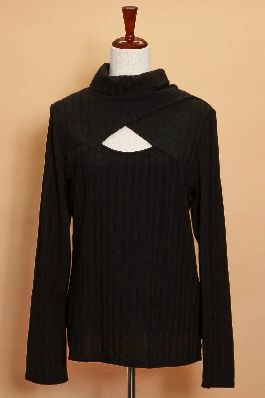 Plus Black Ribbed Cowl Neck Sweater Fleece Sweater Nylon Polyester