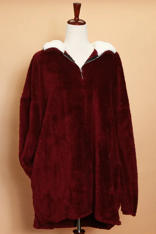 Plus Burgundy Sherpa Sweater Fleece Sweater Nylon Polyester