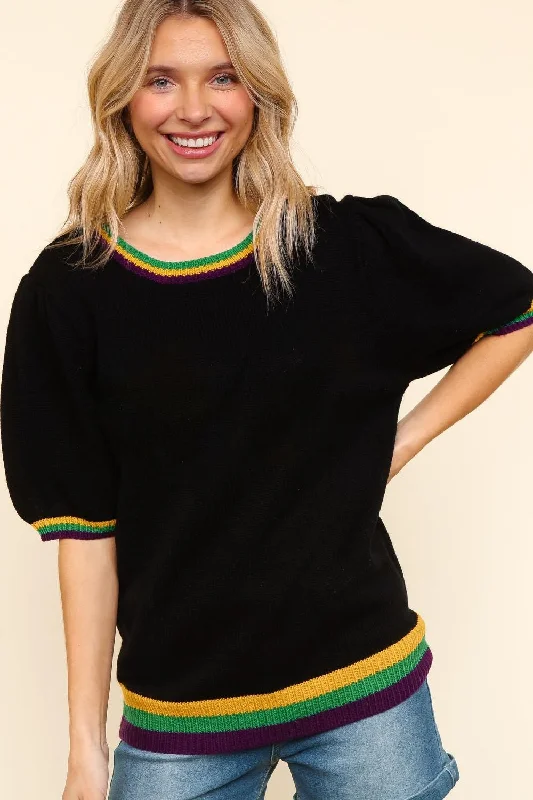 PLUS COLOR BLOCK BUBBLE SHORT SLEEVE SWEATER TOP Cashmere Blend Cotton Blend Poly Blend