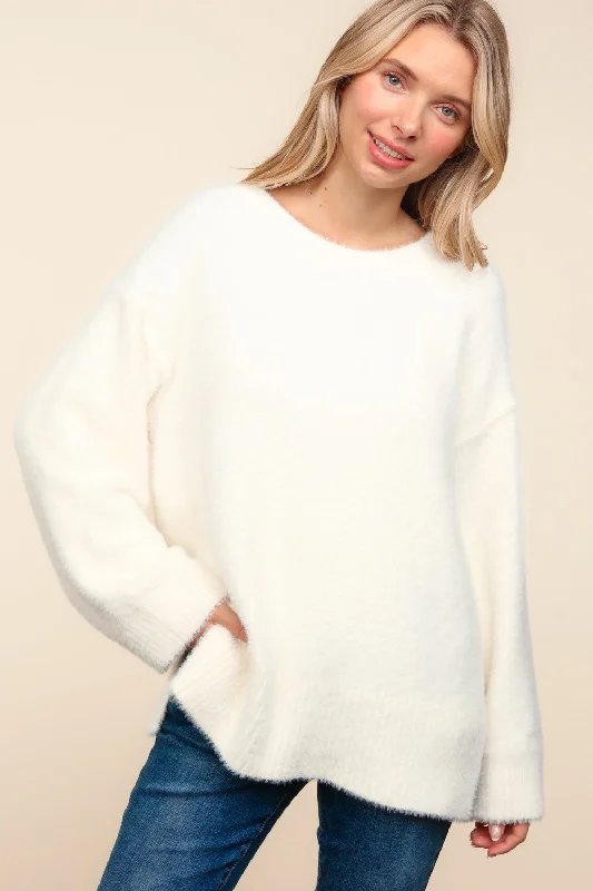 PLUS IVORY FUZZY SOFT BRUSHED HAIRY SWEATER KNIT TOP Casual Formal Business