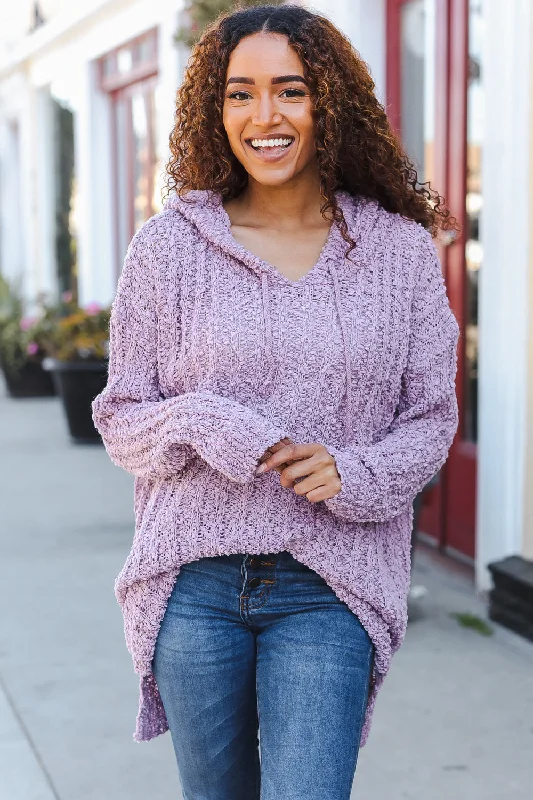 Plus Mauve Thick Popcorn Hooded Sweater Elegant Classic Vintage