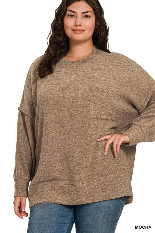 Plus Mocha Brushed Melange Drop Shoulder Sweater Handmade Hand-knitted Hand-woven