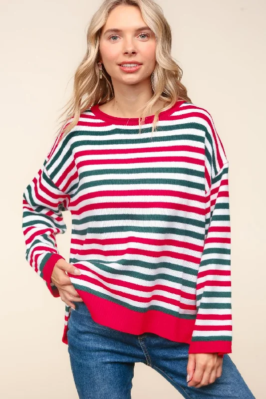 PLUS MULTI COLOR STRIPE OVERSIZED SWEATER KNIT TOP Handmade Hand-knitted Hand-woven