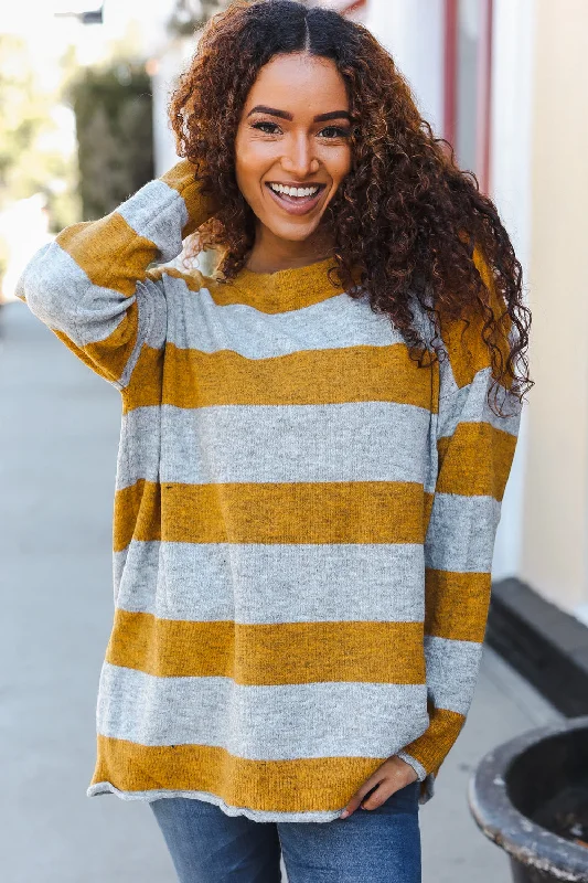 Plus Mustard & Grey Stripe Thick Sweater Ribbed Striped Patterned