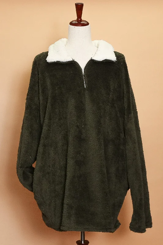 Plus Olive Sherpa Sweater Stretchy Elastic Breathable