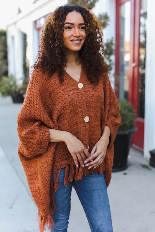 Plus Rust Poncho Style Thick Sweater Long Sweater Short Sweater Cropped Sweater