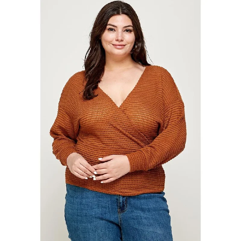 Plus Size Textured Waffle Sweater Knit Top Mesh Blend Leather Blend Suede Blend