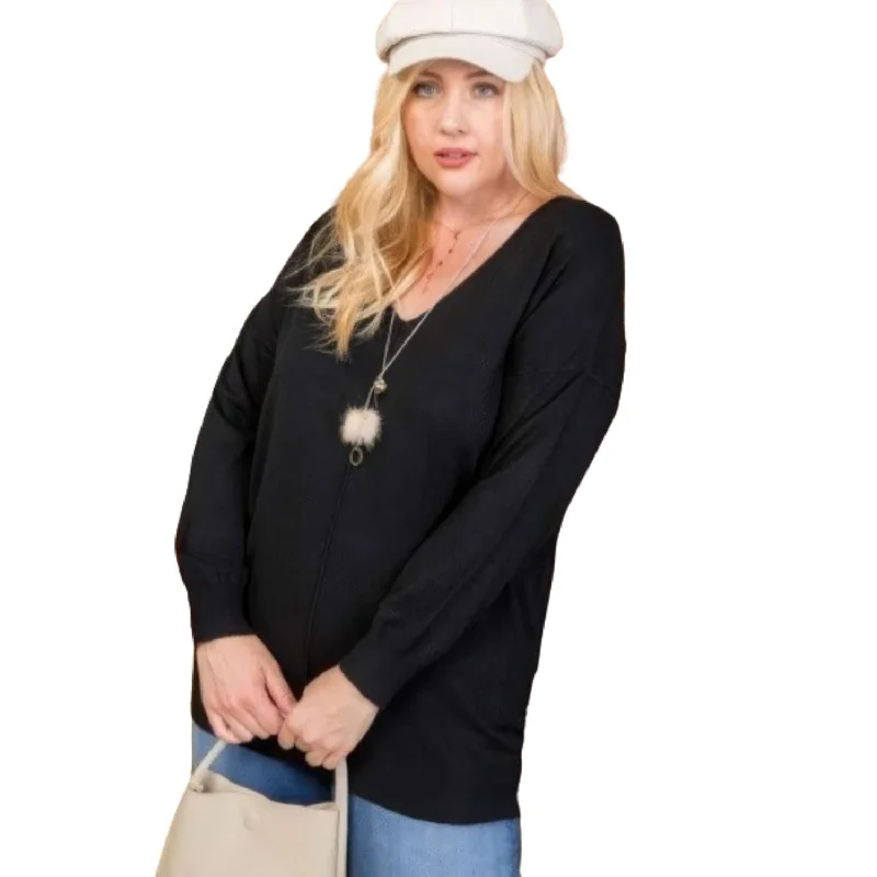 Plus Size V Neck 3/4 Sleeve Side Slit Hi-lo Sweater Spandex Blend Rayon Blend Denim Blend