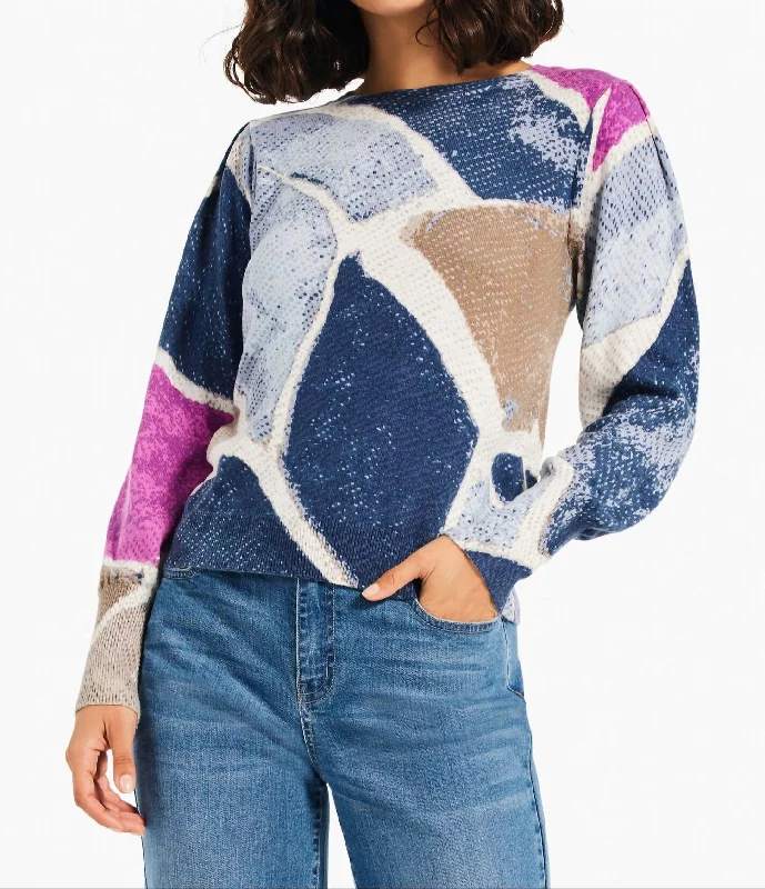 Printed Tiles Femme Sleeve Sweater In Blue Multi Wool Fabric Cashmere Fabric Tweed Fabric