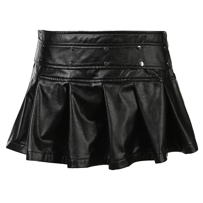 PU leather rivet zip-up pleated mini skirt velvet skirt plush