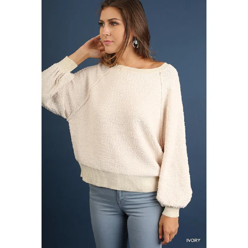 Puff Sleeve Boat Neck Sweater Stylish Fashionable Trendy