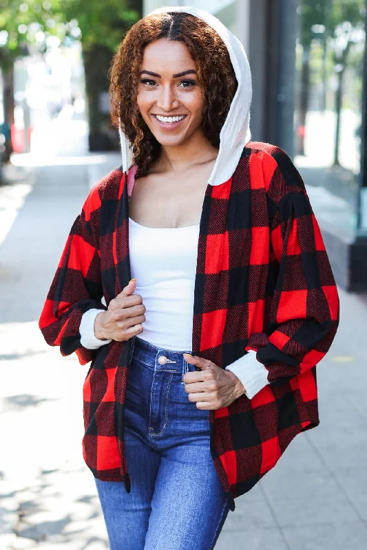 Stepping Out Red Buffalo Plaid Ribbed Hooded Sweater (Open Pack) Front Pockets Side Pockets Patch Pockets