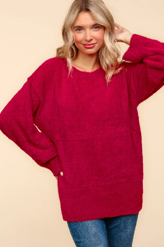 RED FUZZY SOFT BRUSHED HAIRY SWEATER KNIT TOP Solid Print Embellished