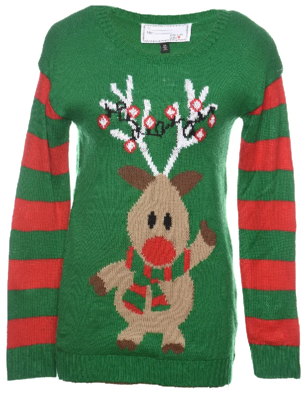 Reindeer Christmas Jumper - M Mesh Sweater Canvas Denim