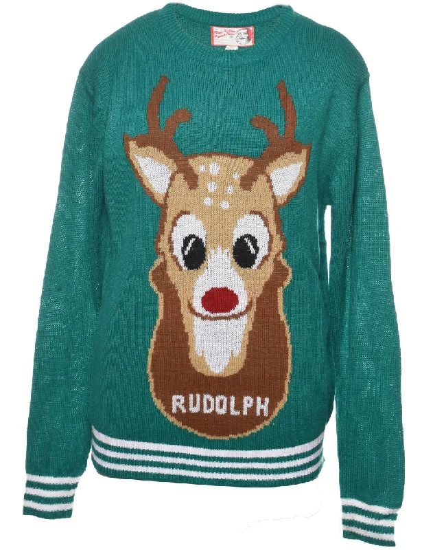 Reindeer Christmas Jumper - M Hooded Sweater Collared Sweater Shawl Collar