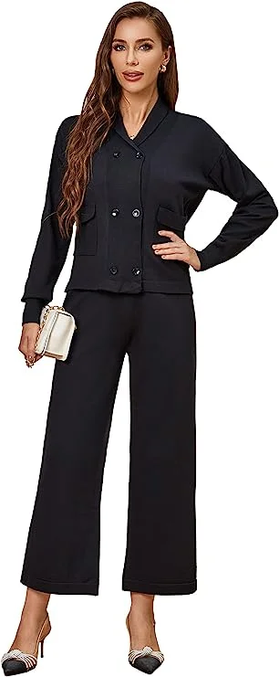 Richie House Women's 2 Piece Sweatsuits Long Sleeve Knit Sweater Wide Leg Pants Outfits RHW4072 Polka Dot Checkered Tartan