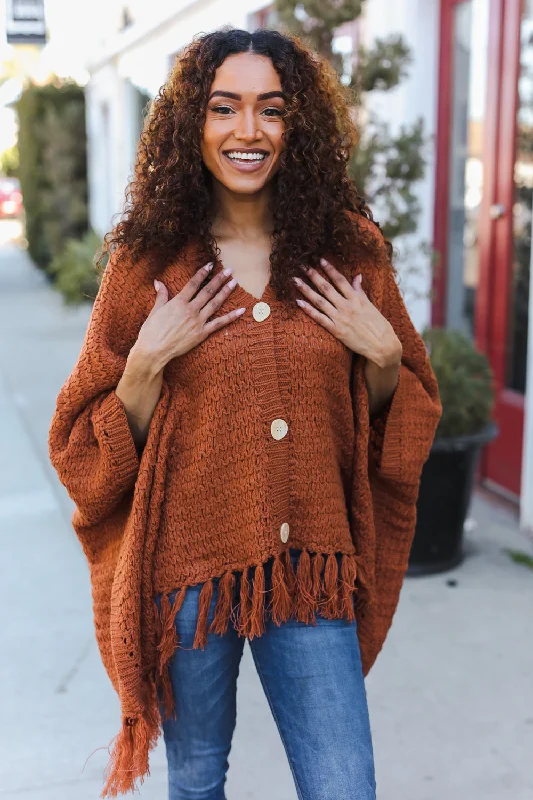 Rust Poncho Style Thick Sweater Open Front Closed Front Wrap Front