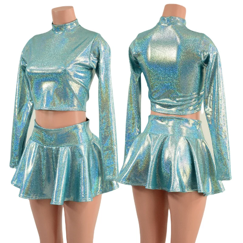 Seafoam Long Sleeve Crop Top and Circle Cut Skirt Set corduroy skirt textured