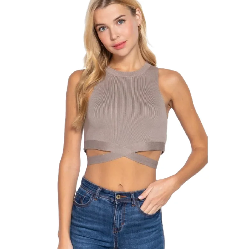 Sleeveless Crew Neck Waist Tie Crop Sweater Top Wool Sweater Cotton Sweater Cashmere Sweater