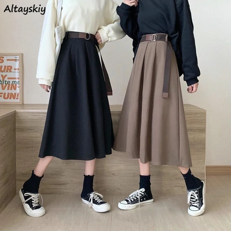Solid Skirts Women Mid-calf High Waist Style Elegant College Spring Autumn silk skirt elegant