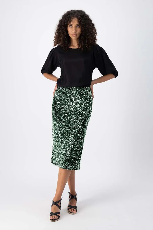 Jubilee Skirt Green in Sequinned Velvet velvet skirt luxurious