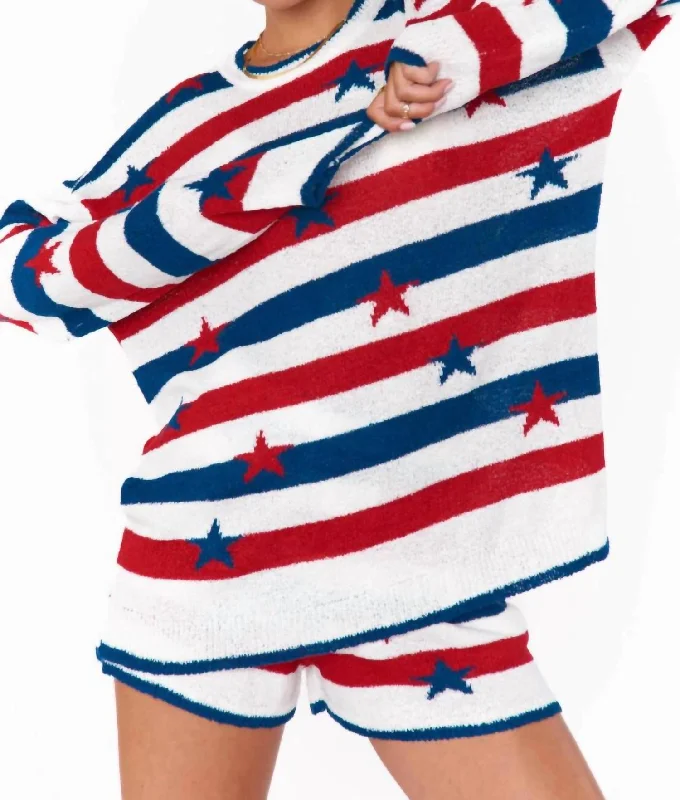 Stars & Stripes Go To Sweater In White Multi Mesh Sweater Canvas Denim