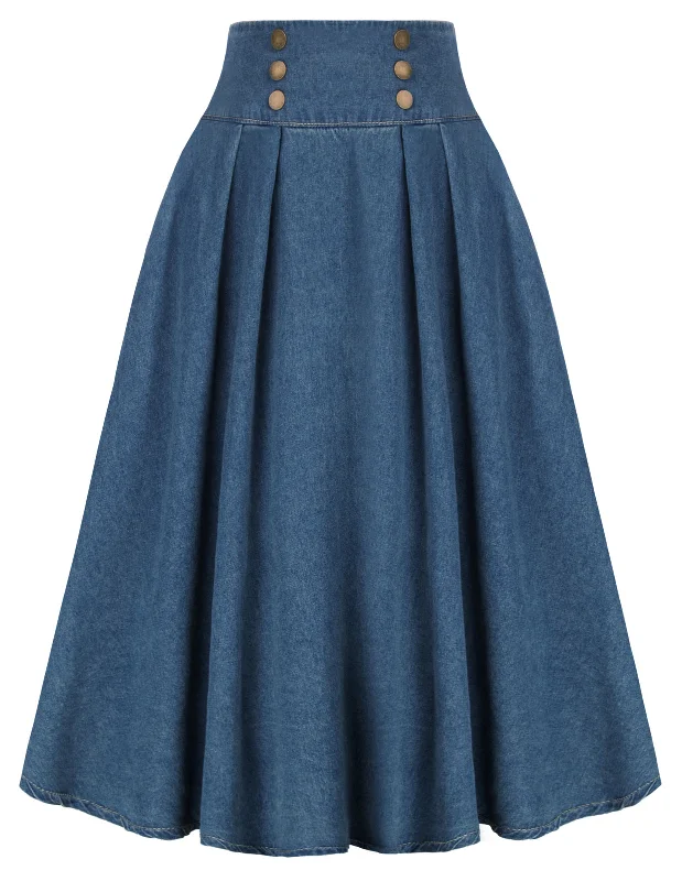 Swing Jean Skirt Elastic High Waist Buttons Decorated Skirt chiffon skirt floaty