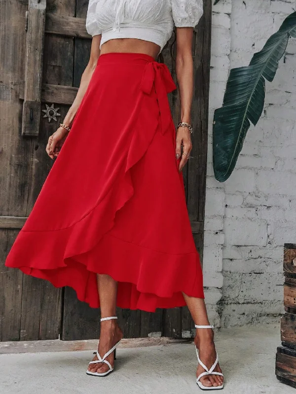 Tied Ruffled Midi Skirt velvet skirt glossy
