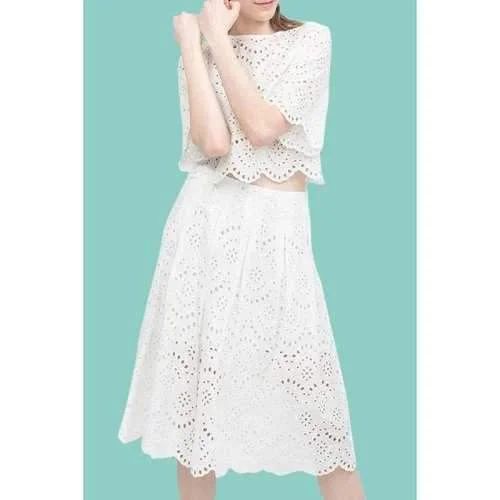 Trendy Round Neck Half Sleeve White Openwork Lace Hook Crop Top and Skirt Women's Suit - White M linen skirt airy