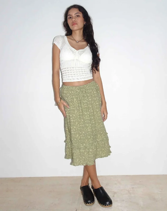 Wala Midi Skirt in Ditsy Floral Green corduroy skirt cozy