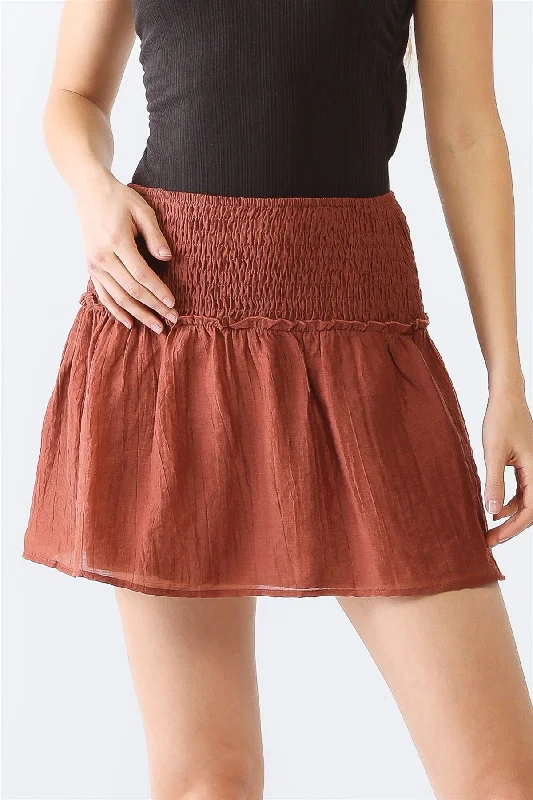 Crinkled Smocked Ruffle High Waist Mini Skirt chiffon skirt delicate