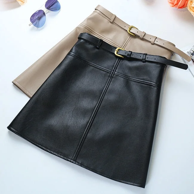 Winter A-Line PU Leather Skirt For Women High Waist Office Wear Skirts Plus Size Female Skirt with Belt denim skirt classic